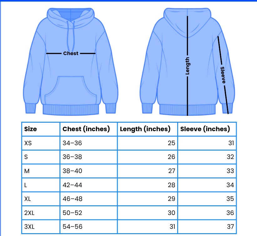 COMMIT hoodie size chart — chest, length, and sleeve measurements by size